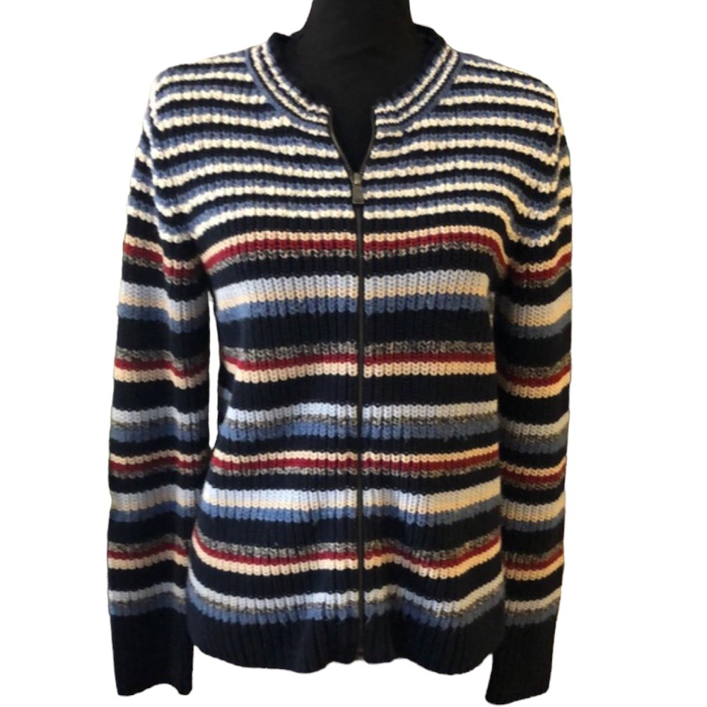 LIZ CLAIBORNE HEAVY KNIT CARDIGAN STRIPED SWEATER MULTICOLORED SIZE SMALL
